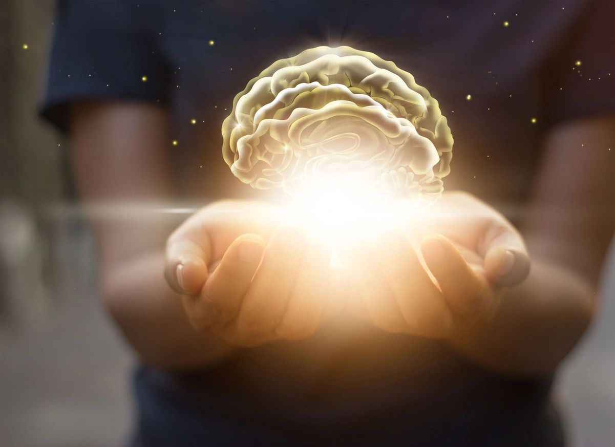 Manos ahuecadas sostienen una ilustración iluminada de un cerebro.